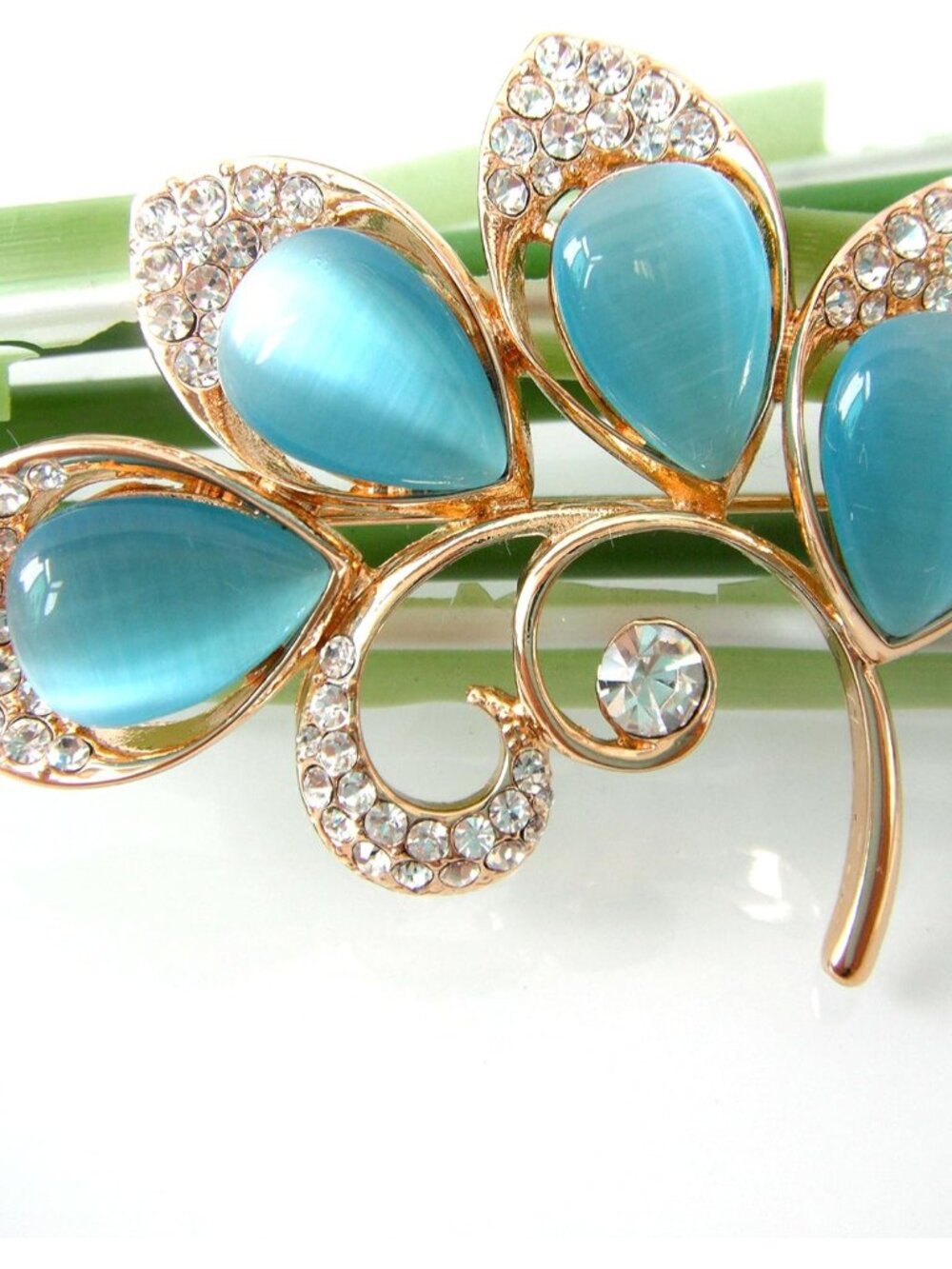 18k Gold Plated Opal Leaves Crystal Branches Brooch Pins - Picture 4 of 4